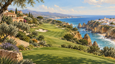Illustrerat golflandskap inspirerat av Spaniens och Portugals kuster