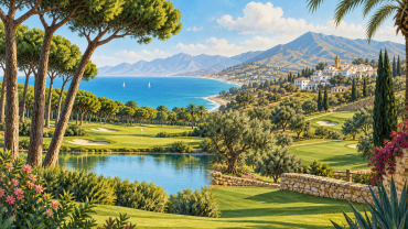 Illustrerat golflandskap inspirerat av Belek och Costa del Sol