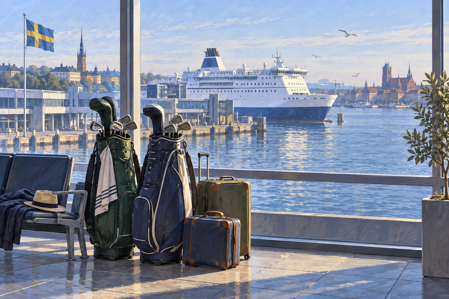 Illustration: Golfbagar vid en färjeterminal inför resan till Polen