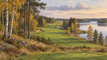 Illustration: Polskt skogslandskap med golfbana och sjö