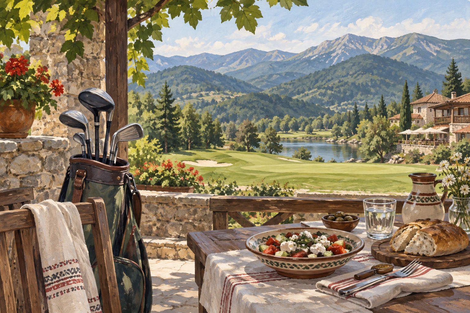 Illustration: Golfbag och lunch på en terrass med bergsutsikt
