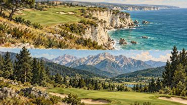 Illustration: Golf vid Svartahavskust och berg inspirerade av Bulgarien