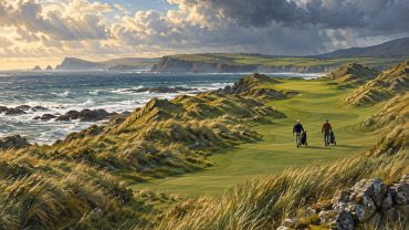 Illustration: Golfare på en irländsk linksbana mellan hav och sanddyner