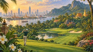 Illustration: Tänkt kombination av Bangkok och tropiskt golflandskap