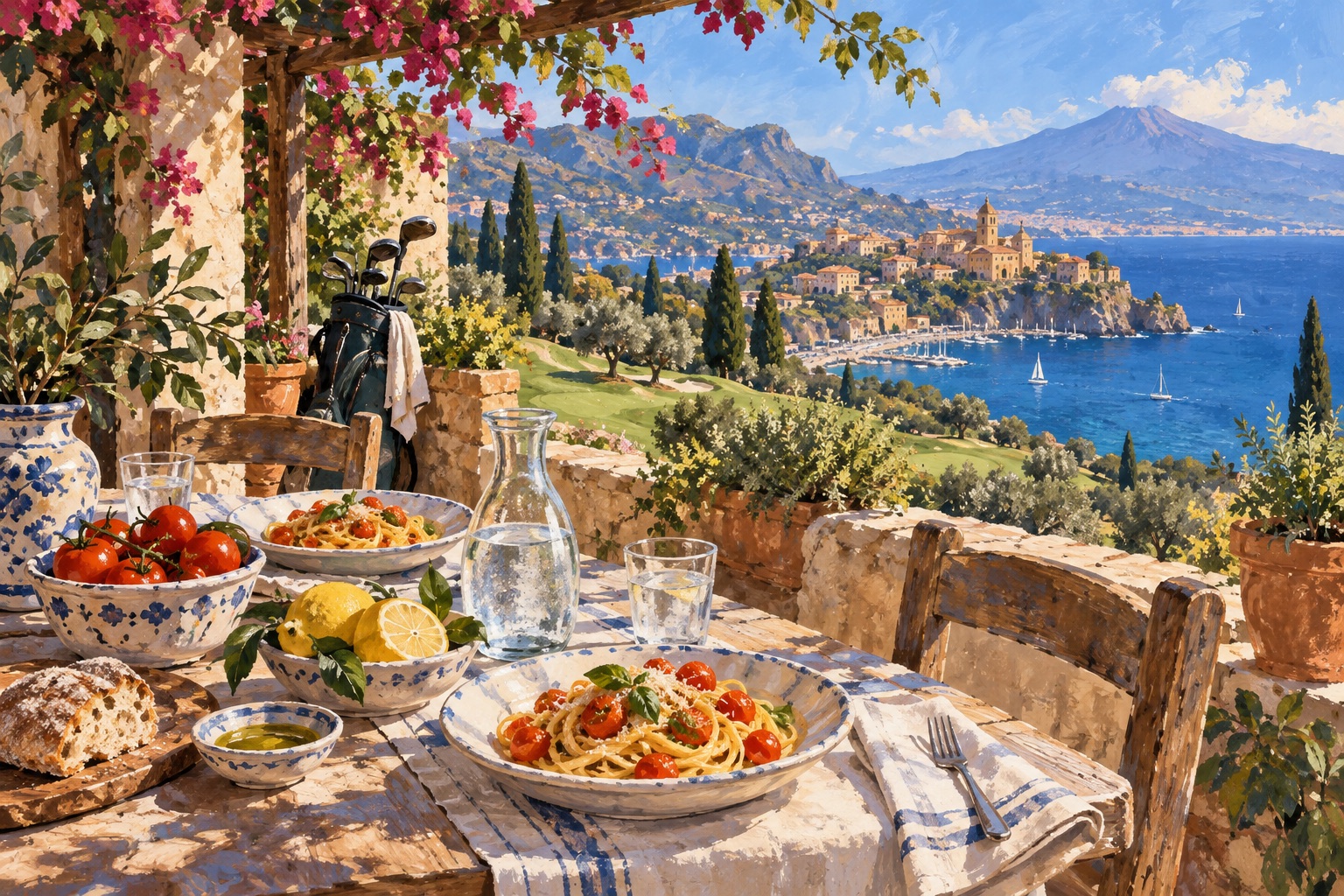 Illustration: Siciliansk terrasslunch med havsutsikt och golfbag