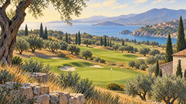 Illustration: Golfbana vid Medelhavet i mjukt oktoberljus