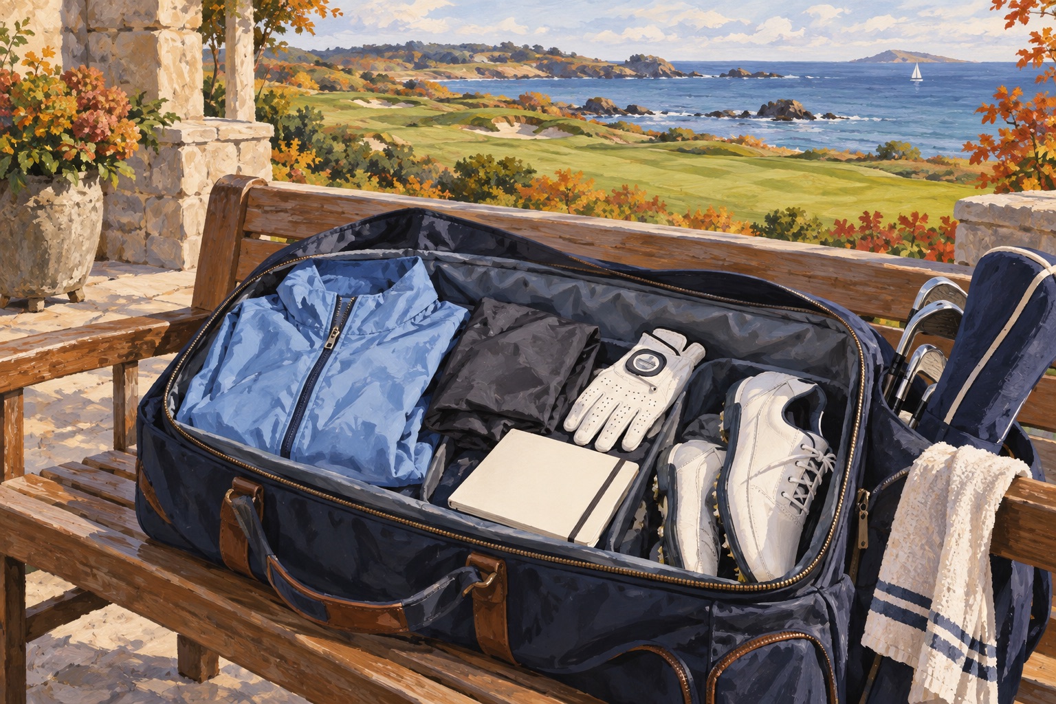 Illustration: Vindjacka och golfutrustning packas inför en höstresa