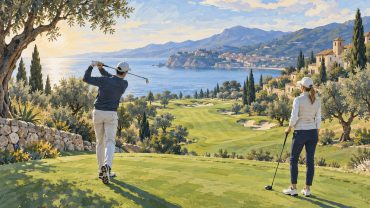 Illustration: Golfare i lagerkläder på en vintergrön golfbana