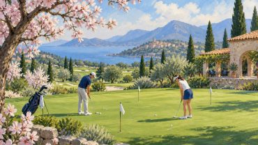 Illustration: Golfare värmer upp på en puttinggreen under våren