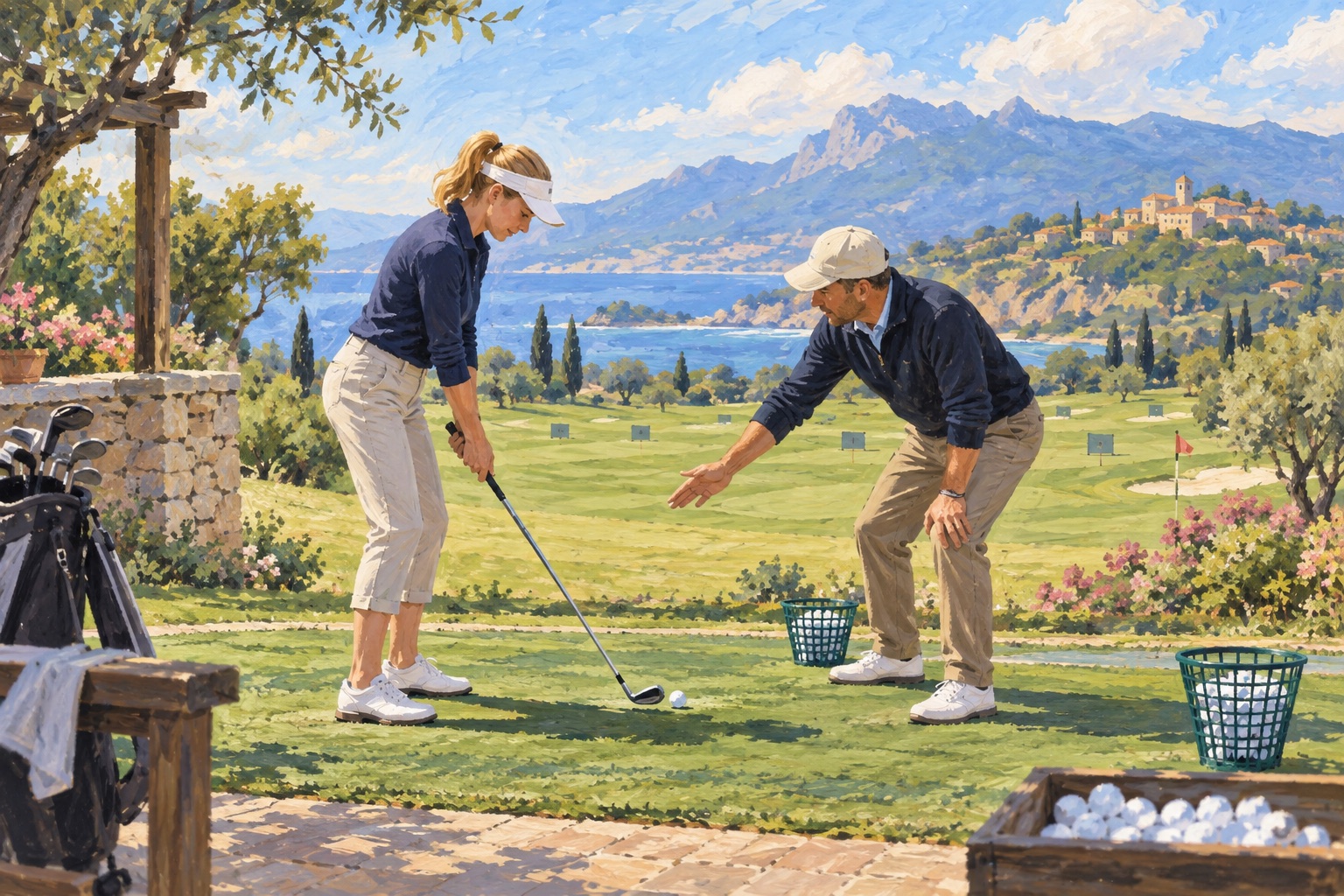Illustration: Tränare hjälper en golfare på en drivingrange