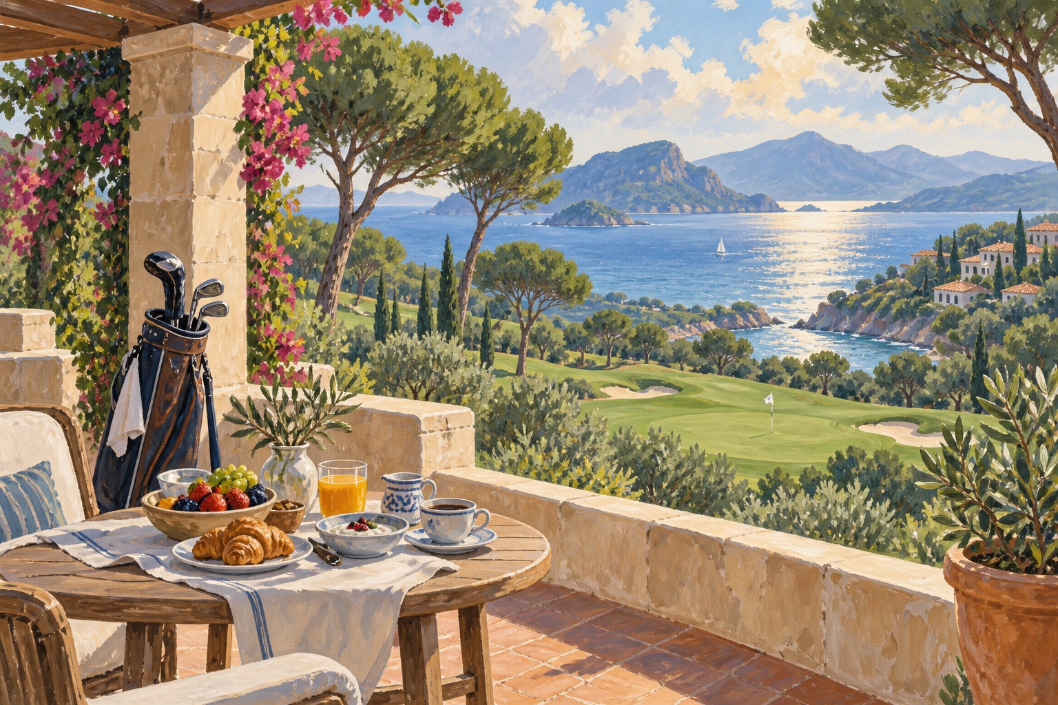 Illustration: Frukost och golfbag på en resortterrass