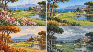 Illustration: Fyra illustrerade årstider på en tänkt golfbana i Belek