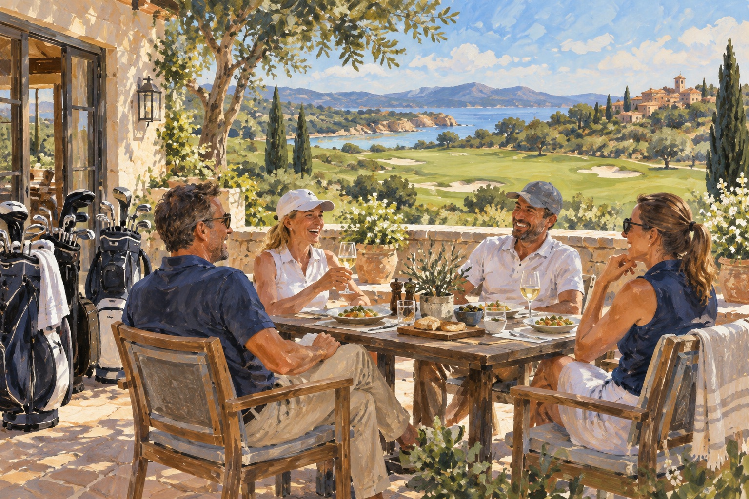Illustration: Vänner äter lunch efter en golfrunda