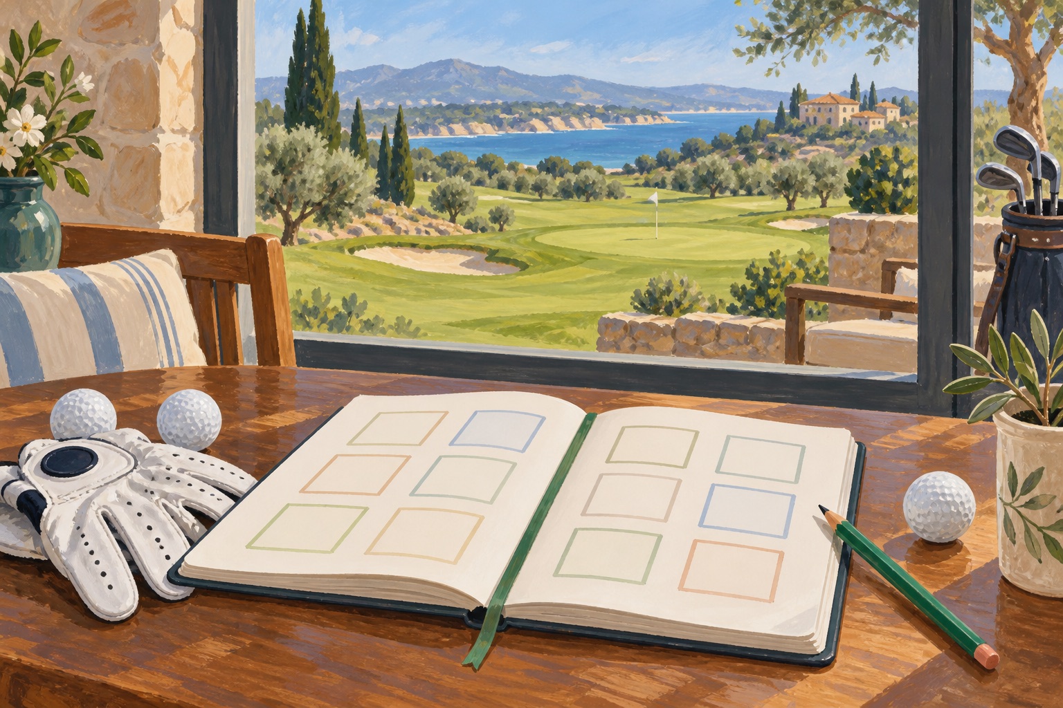 Illustration: Planering av golfrundor med tom kalender och golfutrustning