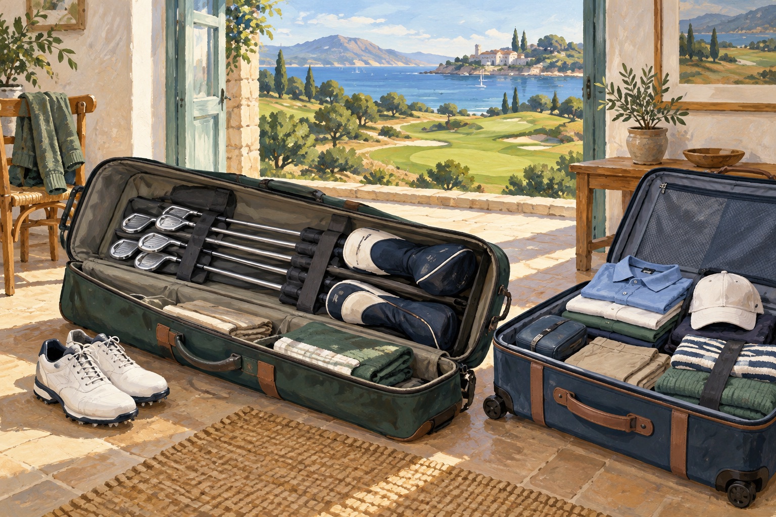 Illustration: Klubbor packade i resefodral bredvid resväska